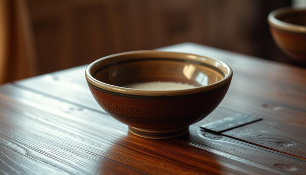 A beautifully crafted traditional rice bowl, the iconic mangkuk, sits centered on a richly textured wooden table. Warm, diffuse lighting illuminates the bowl's smooth, glazed surface, revealing intricate patterns and hues that reflect Indonesia's diverse cultural heritage. The bowl appears to gently radiate a sense of timelessness, inviting the viewer to contemplate the profound meaning and history it embodies as a cherished symbol of the nation's culinary and social traditions. In the softly blurred background, a subtle, earthy palette suggests the natural elements that have shaped this timeless vessel over generations.