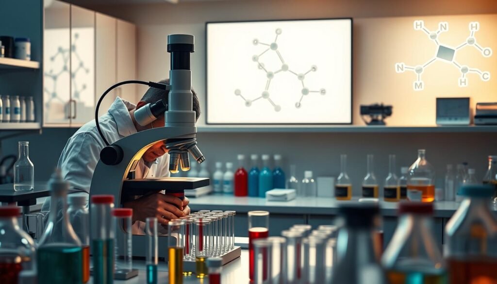 A biopharmaceutical laboratory setting with a central focus on various scientific equipment and instruments. In the foreground, a technician in a white lab coat examines a Petri dish under a high-powered microscope, their face illuminated by the soft glow of the instrument. In the middle ground, rows of test tubes, beakers, and other glassware line the countertops, each containing colorful liquids and suspensions. The background features a wall-mounted display showcasing the molecular structure of a complex compound, its atoms and bonds intricately detailed. The lighting is a warm, ambient glow, creating a sense of focused scientific inquiry and discovery. The overall atmosphere conveys the meticulous and innovative nature of biotechnology and pharmaceutical research. A biopharmaceutical laboratory setting with a central focus on various scientific equipment and instruments. In the foreground, a technician in a white lab coat examines a Petri dish under a high-powered microscope, their face illuminated by the soft glow of the instrument. In the middle ground, rows of test tubes, beakers, and other glassware line the countertops, each containing colorful liquids and suspensions. The background features a wall-mounted display showcasing the molecular structure of a complex compound, its atoms and bonds intricately detailed. The lighting is a warm, ambient glow, creating a sense of focused scientific inquiry and discovery. The overall atmosphere conveys the meticulous and innovative nature of biotechnology and pharmaceutical research.